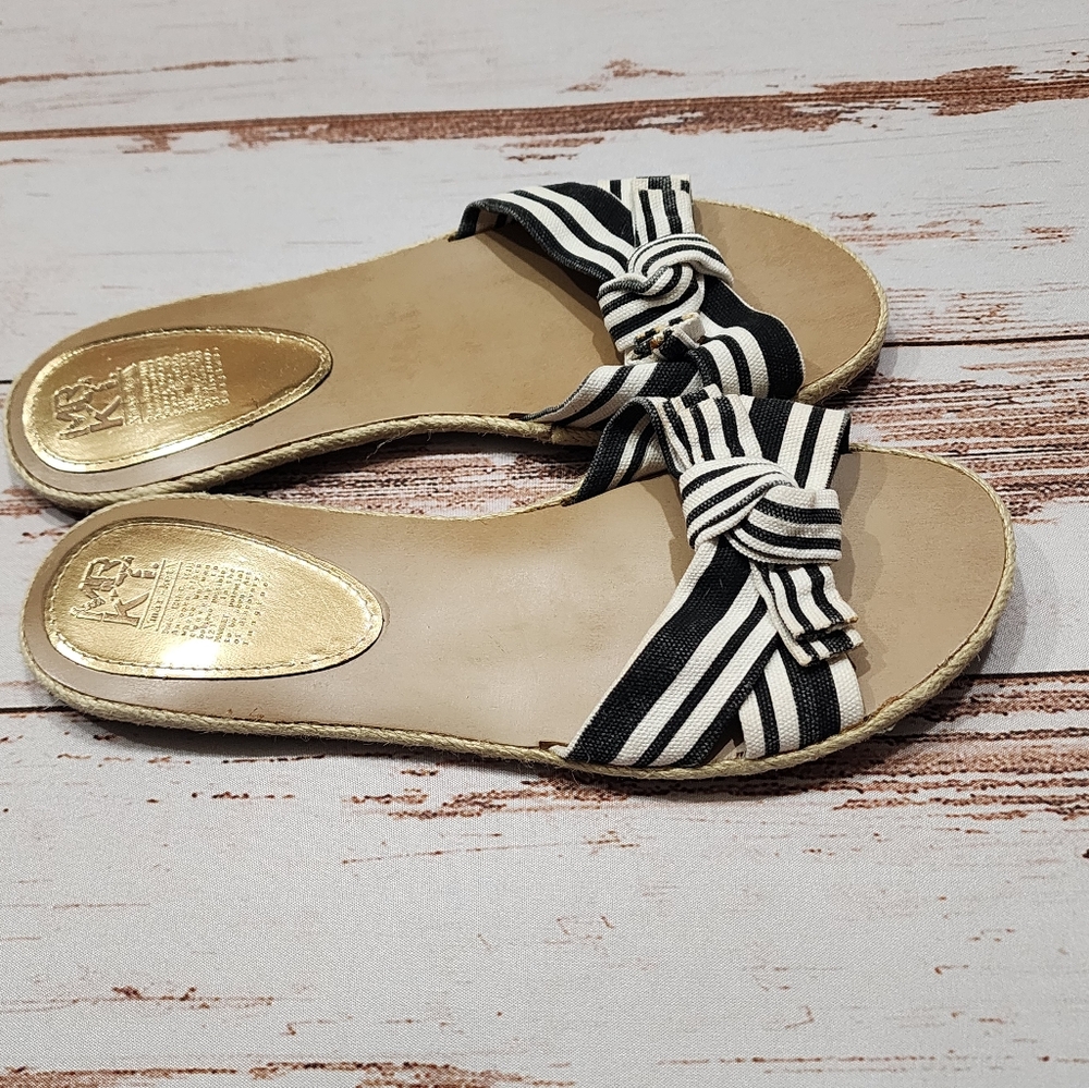 MRKT open-toe casual espadrille sandals black white striped fabric jute sole 9 - Picture 3 of 8